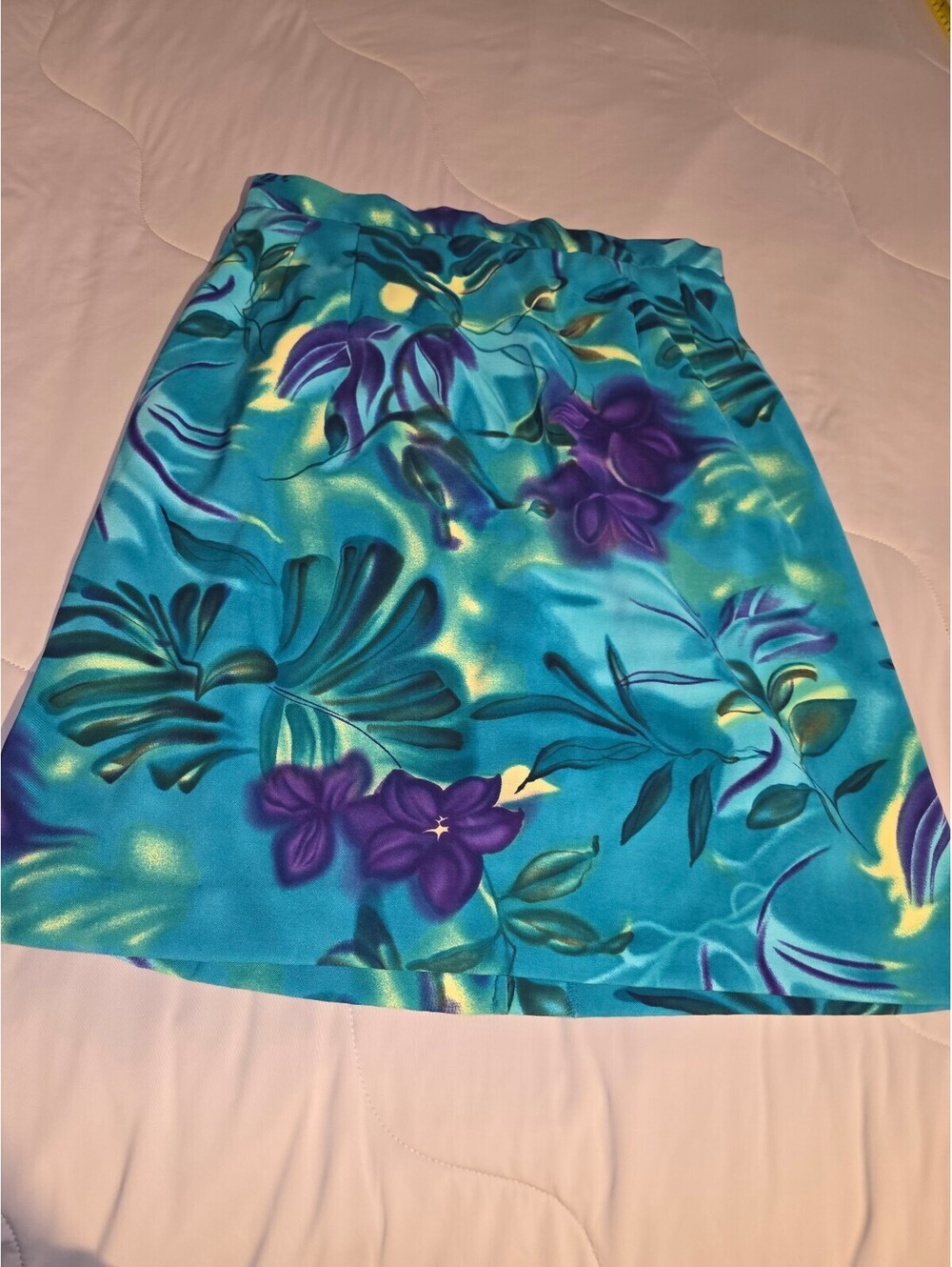 Dressbarn Women Size 14 - Teal Blue Green Floral Skirt A-Line  Elastic Waist
